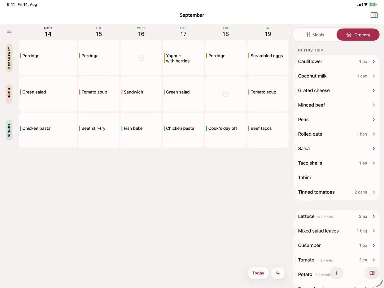 The OneList planner on iPad held landscape: breakfast, lunch and dinner as labelled rows down the left, and Monday the 14th through Saturday the 19th as columns across the top. Beside the grid, a panel headed Grocery holds the week's shopping — cauliflower, coconut milk, grated cheese, minced beef, rolled oats, taco shells and tinned tomatoes, then lettuce, mixed salad leaves, cucumber and tomato — with “In 2 meals” beside two of the lines.