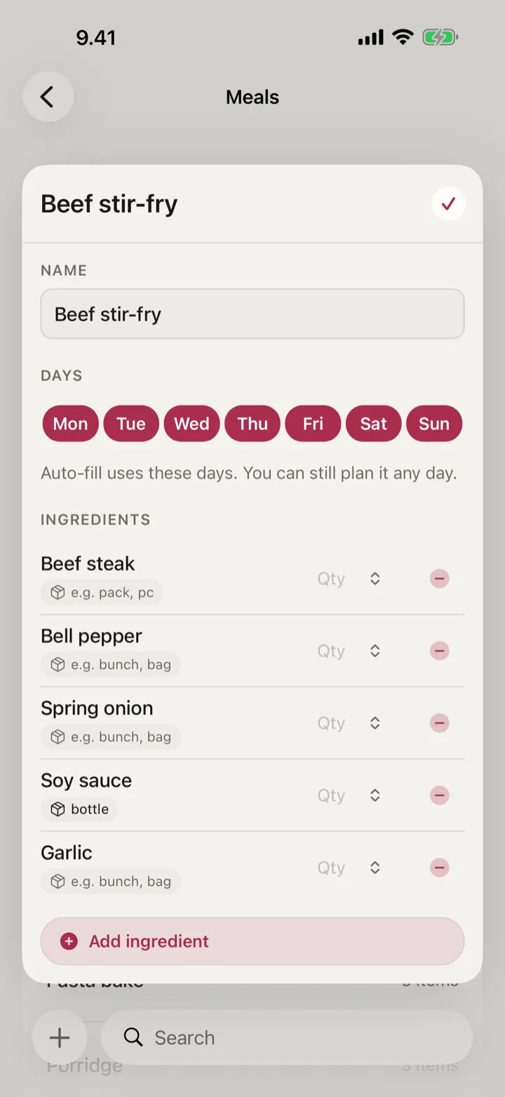 The OneList meal editor for Beef stir-fry. Three fields: a name, the weekdays auto-fill may use, and the ingredients — beef steak, bell pepper, spring onion, soy sauce, garlic — each with an empty quantity. No photograph, no steps, no cook time, no servings.