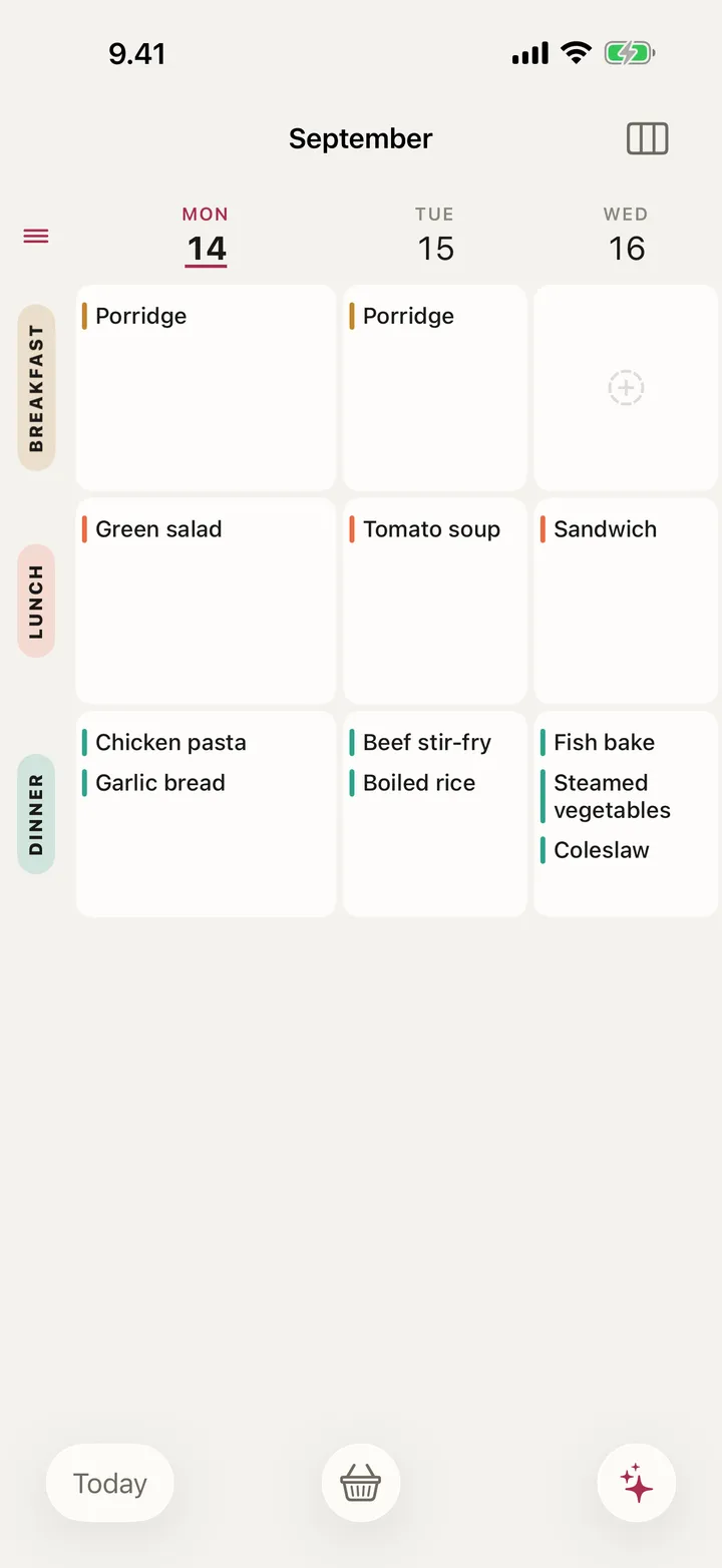 The planner grid on iPhone. Wednesday's dinner cell holds three meals stacked in it — Fish bake, Steamed vegetables and Coleslaw — while Monday's holds Chicken pasta with Garlic bread and Tuesday's Beef stir-fry with Boiled rice.