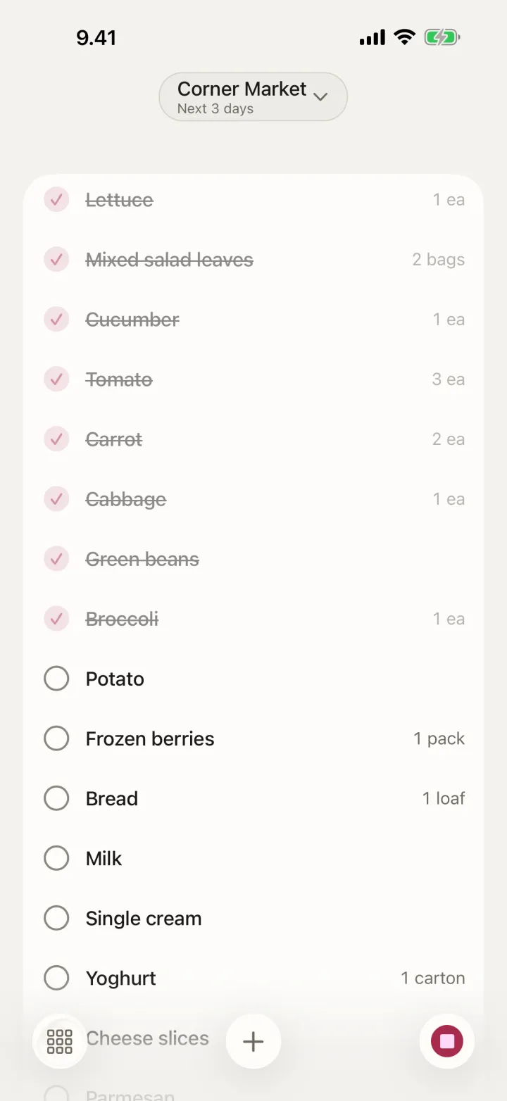 The same week's shopping list on iPhone, headed Corner Market, next 3 days. Lettuce, mixed salad leaves, cucumber, tomato, carrot, cabbage, green beans and broccoli are ticked and struck through; potato, frozen berries, bread, milk, single cream and yoghurt are still to get.